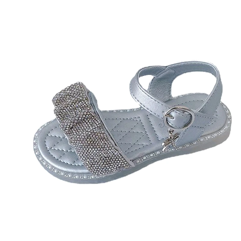 

14-16cm High Quality Sandals For Girls With Bling Rhinestones Little Princess Children Shoes Silver Champagne Sandal 2022 Summer