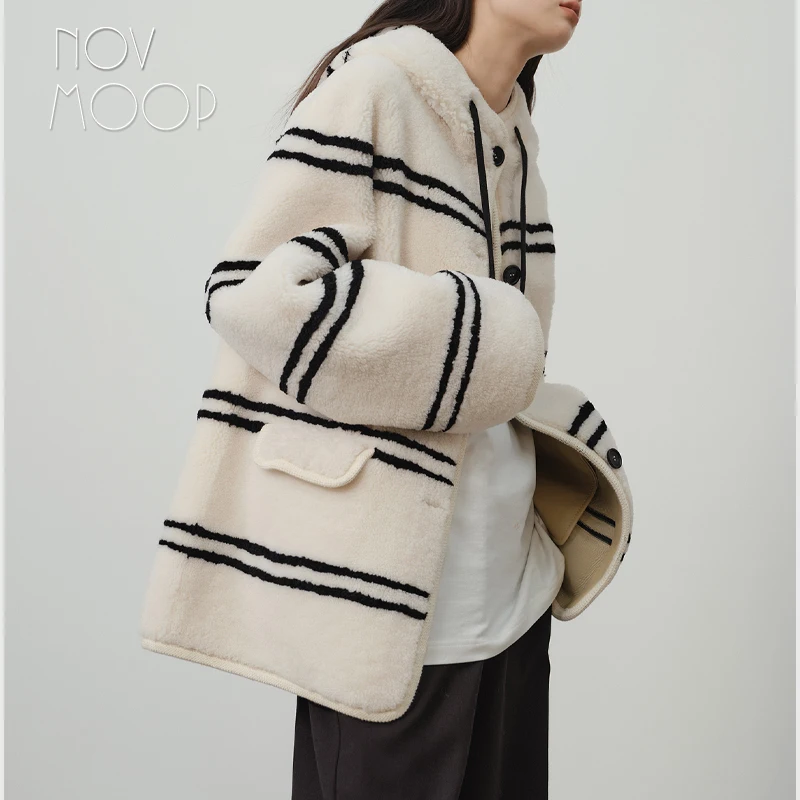 Novmoop double faced wool women coat light warm jacket French simple chic style new winter season LT3583