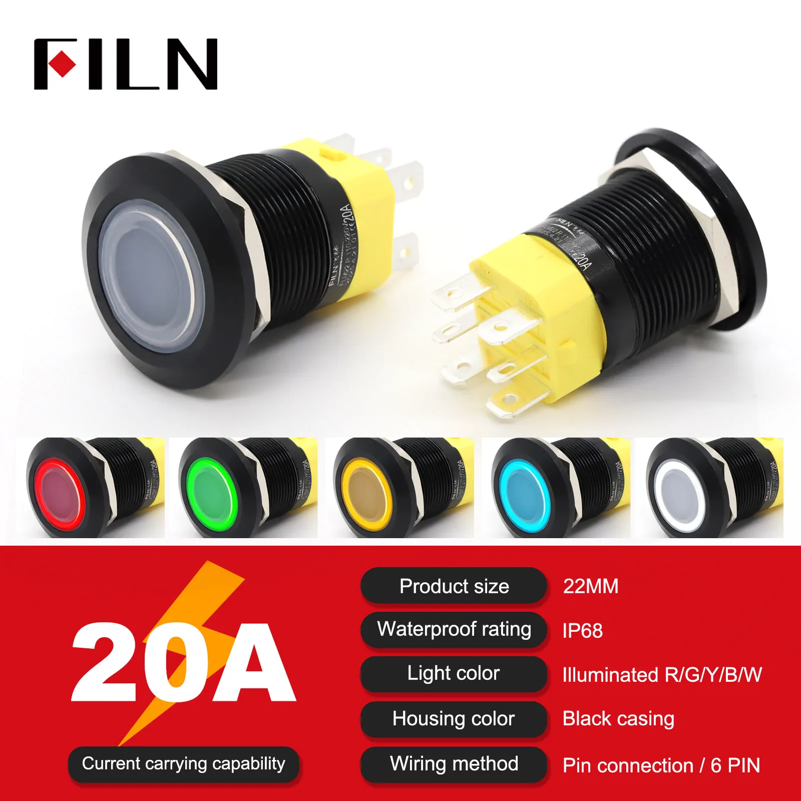 

Водонепроницаемый кнопочный переключатель FILN 20A нержавеющая сталь 12/24/110/220В
