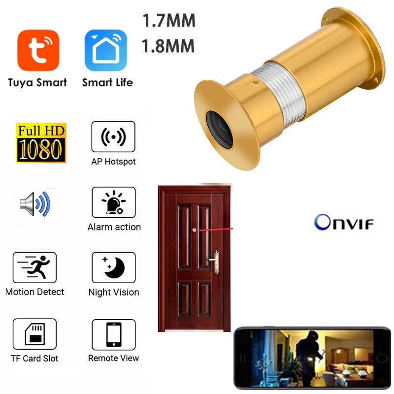 

Wi-Fi двухстороннее аудио дверной глазок с отверстием для дома 1080P 180 градусов Рыбий глаз сетевой Мини ИК глазок Wi-Fi дверная IP-камера P2P Tuya слот ...
