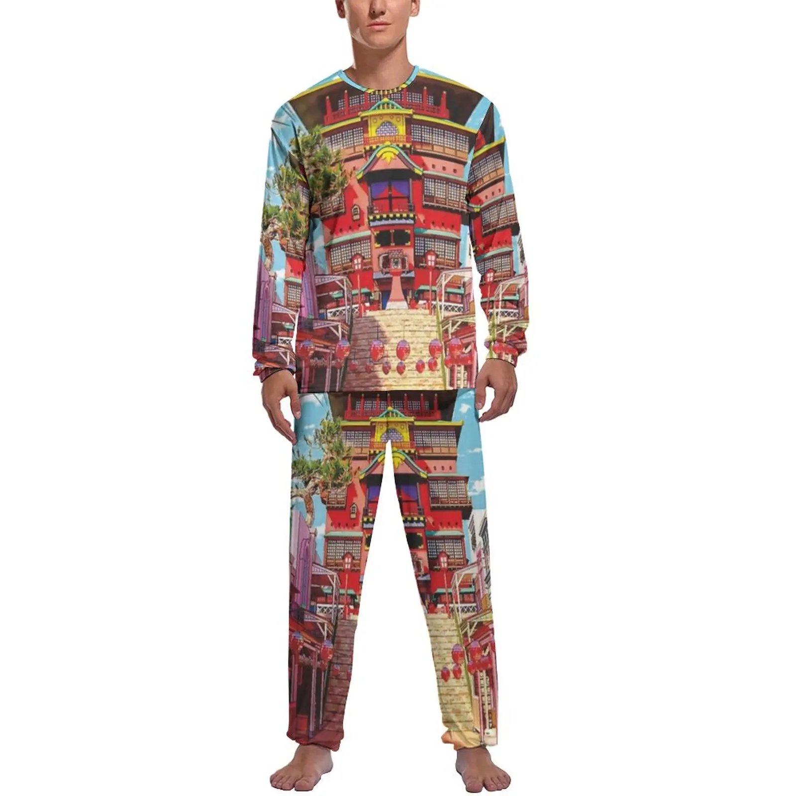 Spirited Away Pajamas Daily Rumah Siang Hari Aesthetic Sleepwear Man 2 Pieces Printed Long Sleeves Trendy Pajamas Set