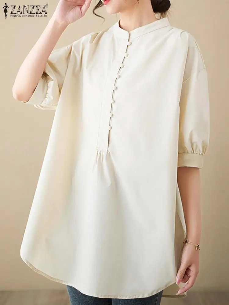 

Fashion Stand Collar Buttons Tops Women Solid Shirts Holiday ZANZEA Casual Loose 2023 Summer Tunics Vintage Half Sleeve Blusas