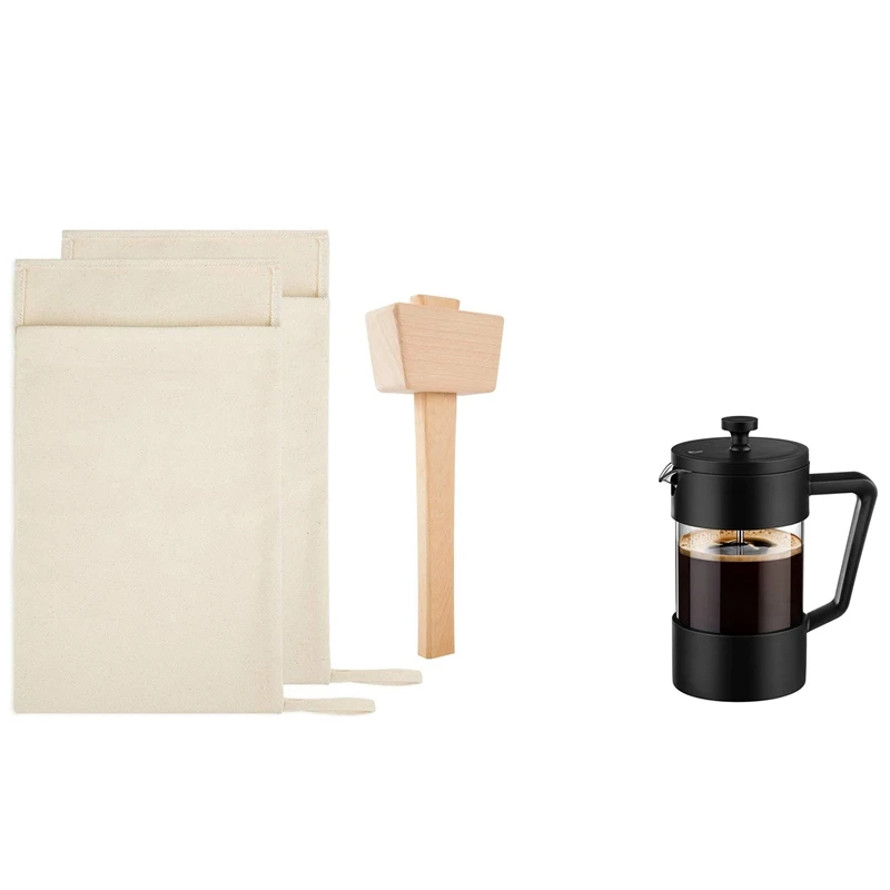 

1 Set Ice Mallet Set-Reusable Canvas Crushed Ice Bags With Wooden Mallet & 1 Pcs French Press Coffee Tea Maker
