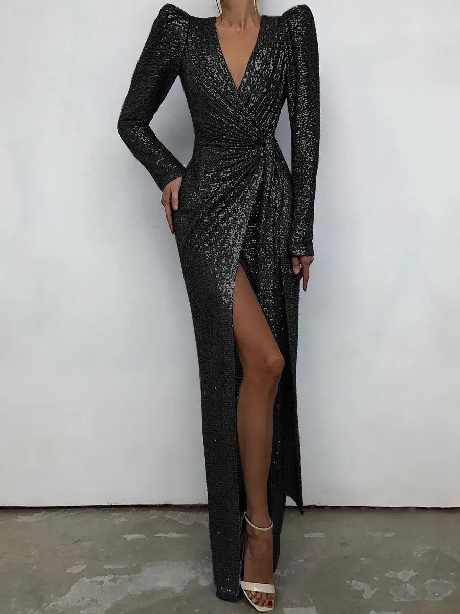 Women sequins evening dress  arrival fashion sexy V-neck slim fit  long sleeve elegant split tailing gown Prom gown Part   dress
