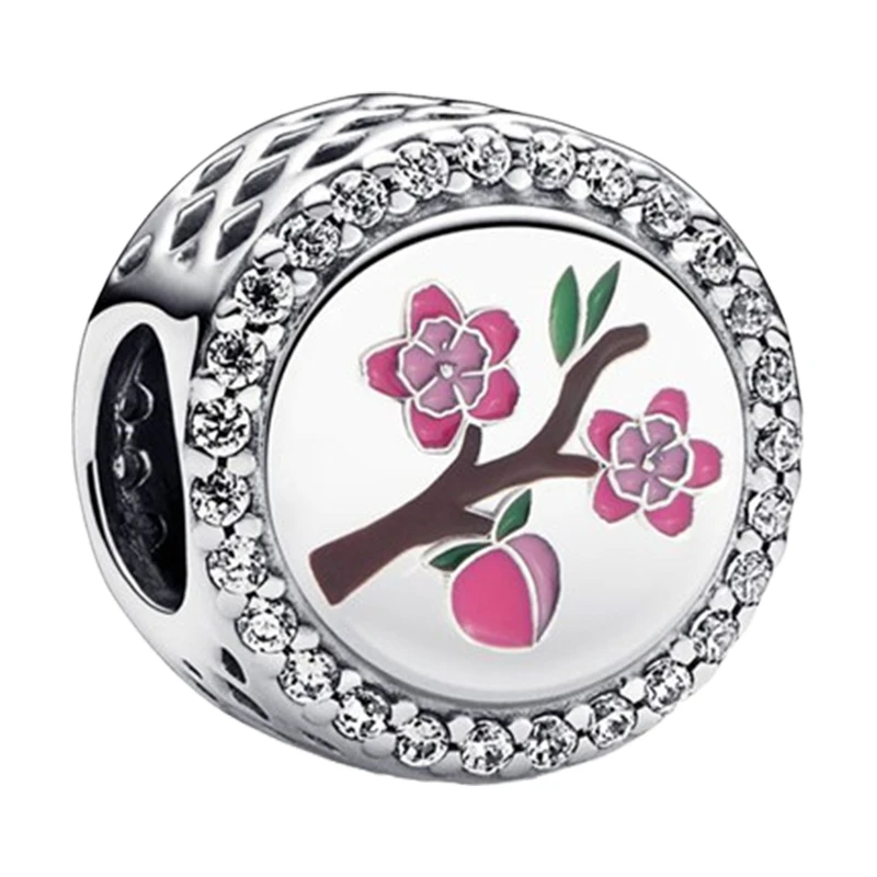 

Silver 925 Original Peach Blossom Charms Beads For Bracelets Women DIY Fine Jewelry Making Clear Zircons Pink Green Brown Enamel
