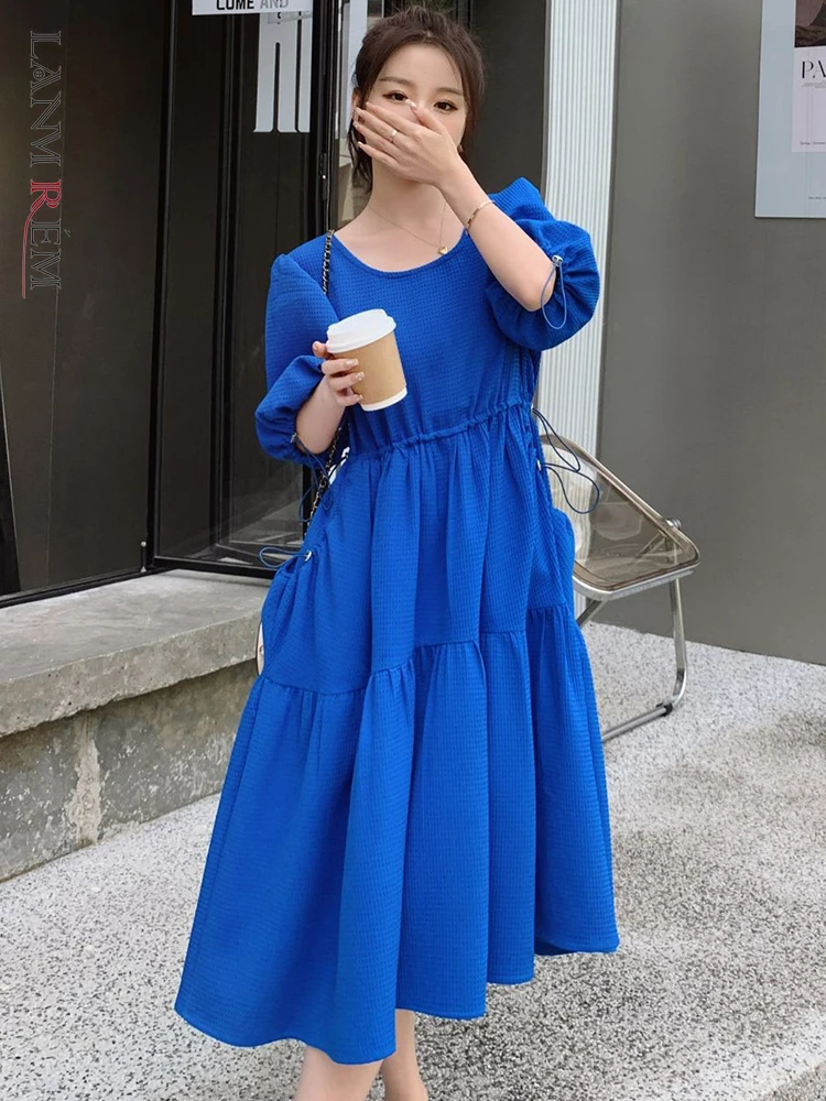 LANMREM Casual Solid Dress For Women Round Neck Puff Sleeves Drawstring A-line Dresses Fashion 2023 New Clothing 2AA1161