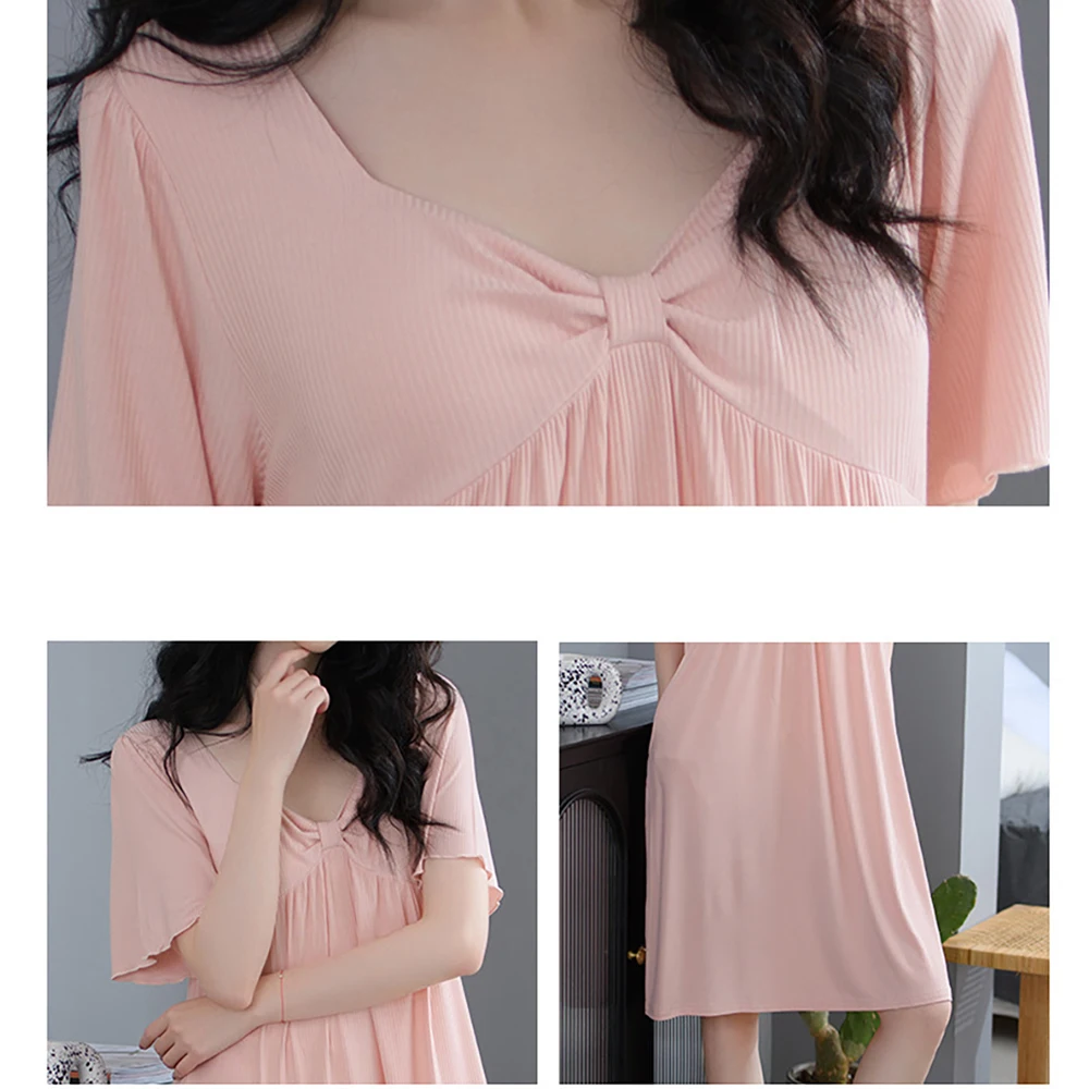 Sexy V Neck Woman Viscose Nightie Dress With Bow Bra Padded Summer Nightwear Women's Short Sleeve Solid Long Shirt robe femme
