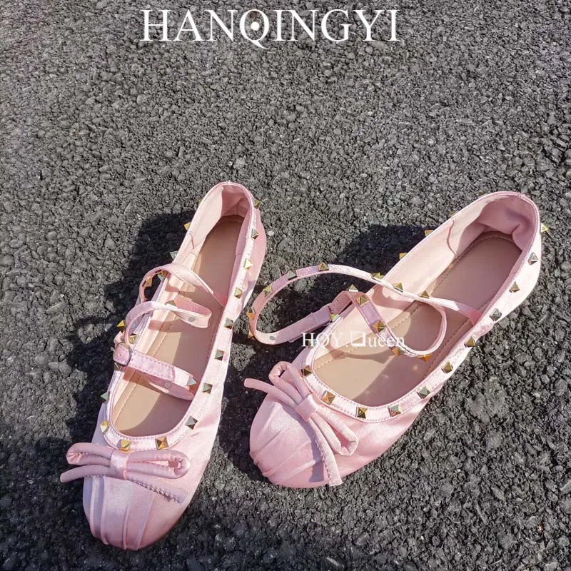 

Women Mary Jane Shoes For Round Toe 2024 New In Rose Lolita Slip-On Buckle Strap Silk Ballet Flats Rivet Footwear Casual Shoes