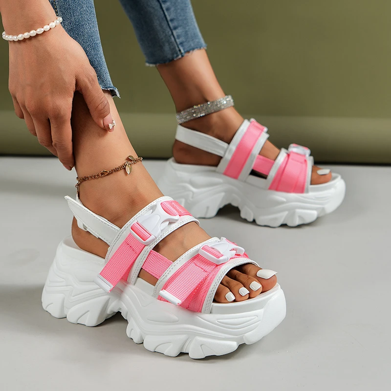 Summer High Platform Shoes New Women Sandals Wedge Heels Slippers Buckle Thick Soled Beach Slides Sandals Woman Zapatos Mujer