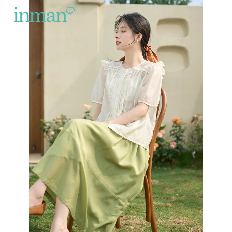 

INMAN Женская юбка 2023 летняя эластичная талия А-образная свободная простая универсальная Повседневная белая зеленая юбка средней длины