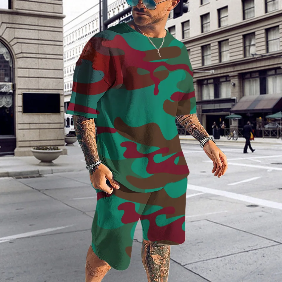 2023 Men's Camouflage T-Shirt Set Fashion Short Sleeve Shirt Summer Harajuku Loose Streetwear Casual Male Clothing Oversized