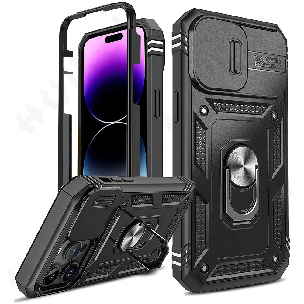 Case For iPhone 14 13 12 11 Pro XS Max 8 7 Armor Designed Shockproof Rugged Military Grade Protective Slide Lens Protector Case
