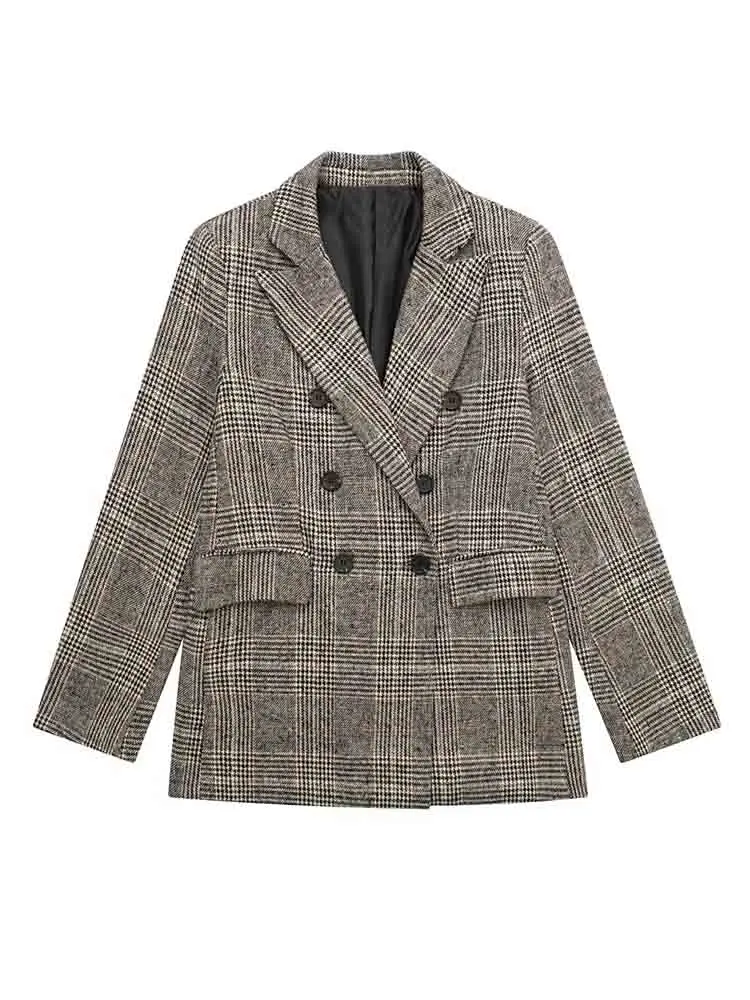 

KLKXMYT TRAF женский Блейзер костюм 2023 новые модные клетчатые блейзеры двубортные пальто винтажные с длинным рукавом повседневные куртки топы
