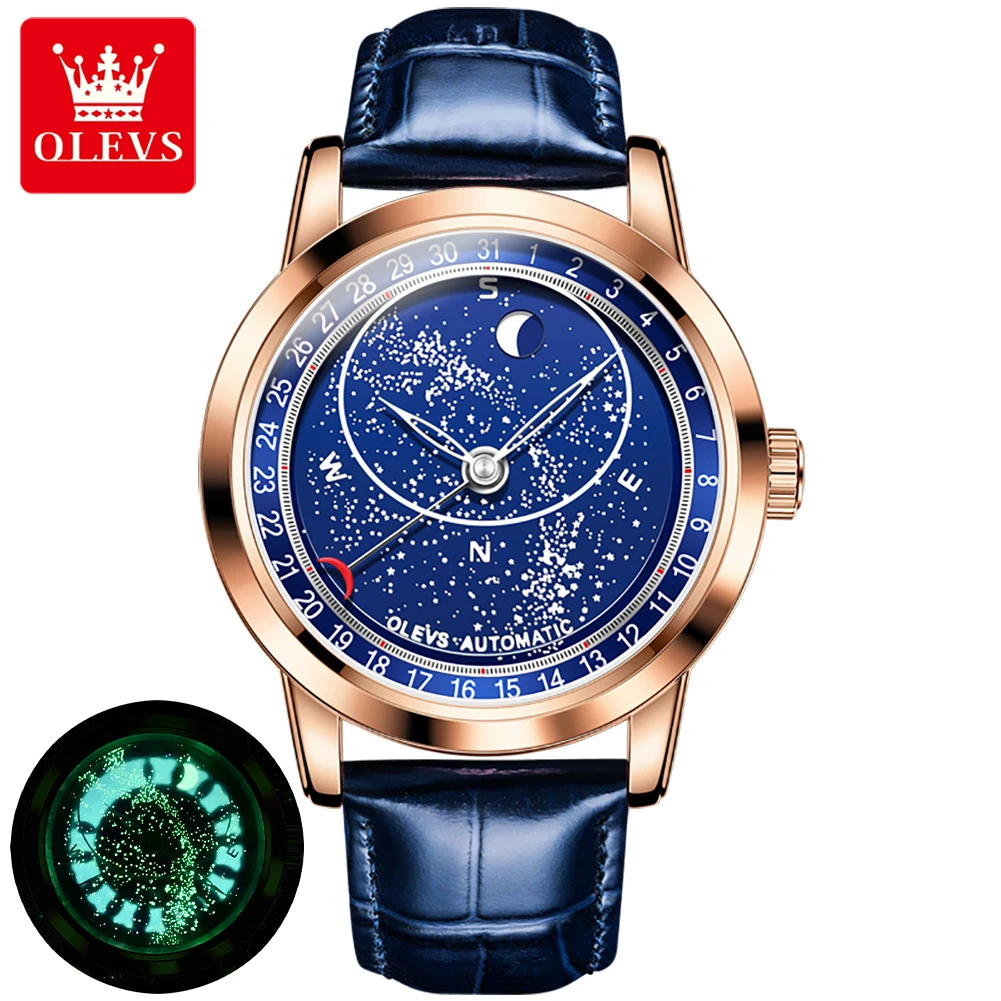 OLEVS Luxury Luminous Starry Sky Men Mechanical Watch Elite Leather Strap Calendar Moon Phase Automatic Watch Man Wristwatches