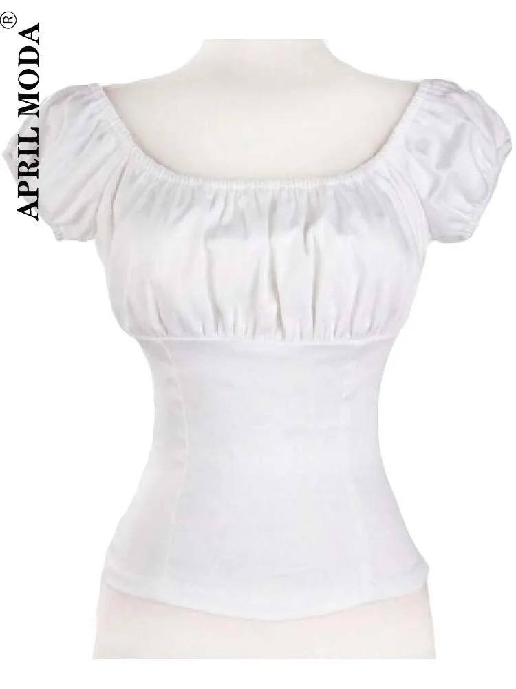 

2023 Retro Vintage Woman Blouse Puff Sleeve Blusas Summer Low Back Peasant Womens 50s 60s Pinup Cotton White Plus Tops Casual