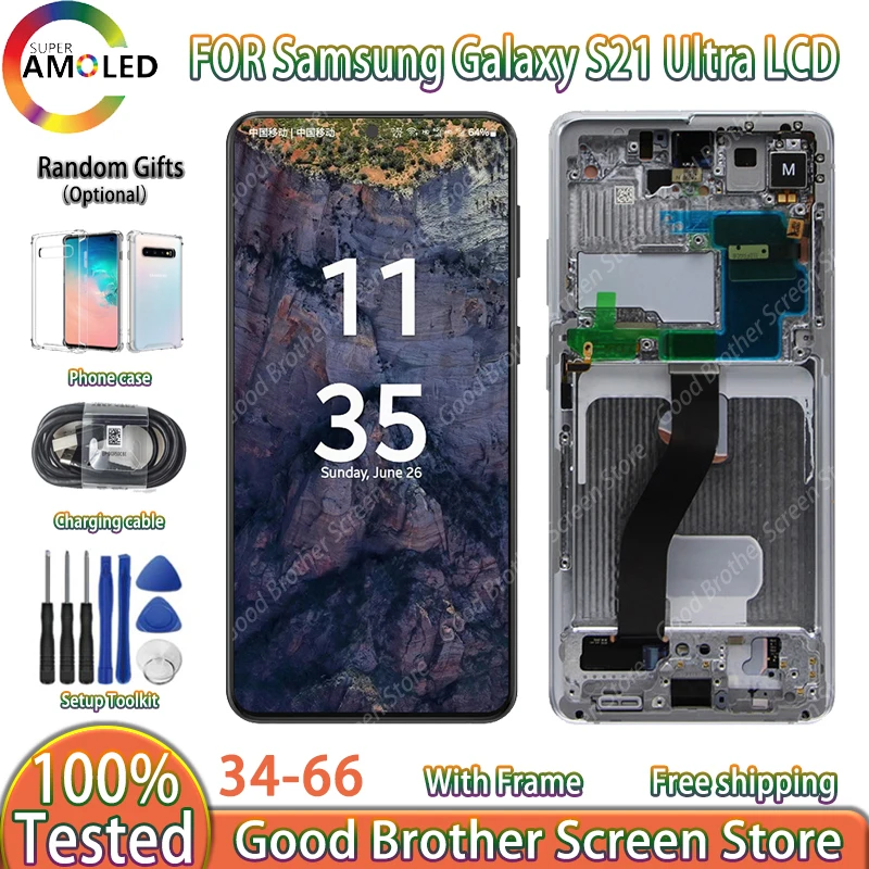 

100%Tested AMOLED For Samsung Galaxy S21 Ultra 5G G998 G998U LCD S21ultra Display Touch Screen Digitizer Replacement With Frame