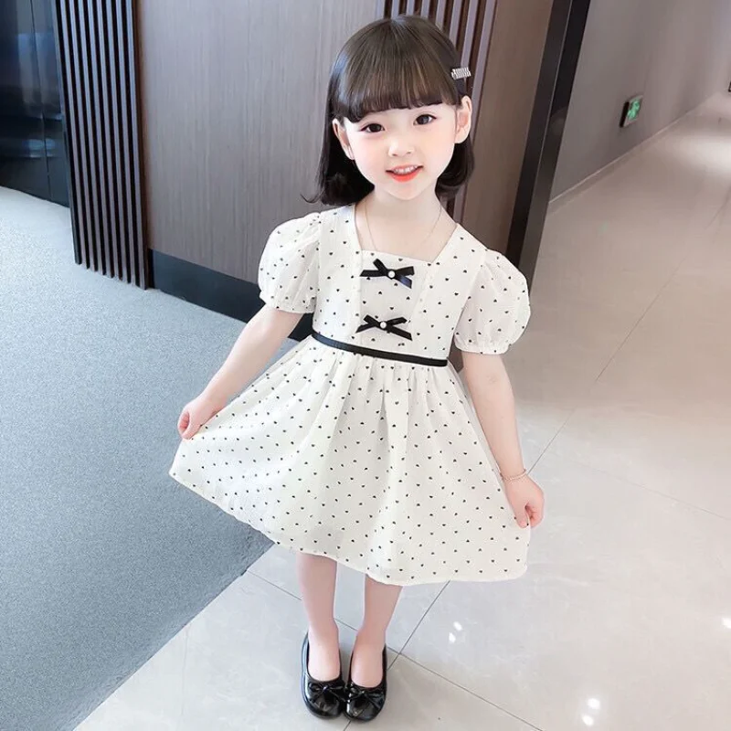 

The Latest Girl's Dress Korean Version Cute Girl Dot LoveShort-sleevedMid-lengthForeignStyleBowknotChiffonPrincessDressfor Girls