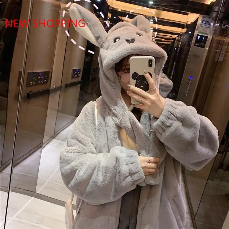 Furry Bomber Jacket Autumn Winter Girls Warm Thick Move Ears Hooded Plush Cotton Padded Coat Parka Faux Fur Puffer Cardigan Tops