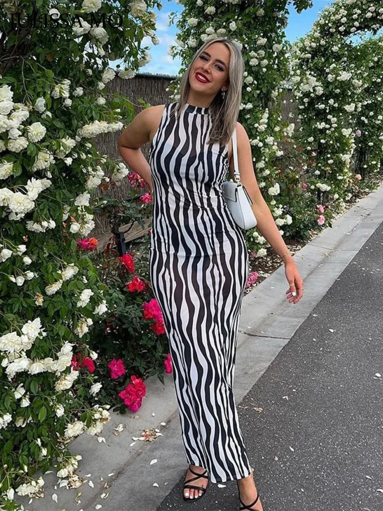 

JULISSA MO Round Neck Print Split For Women Maxi Dress Summer Zebra Sleeveless Slim Female Dress Beach Holiday Party Club Robe
