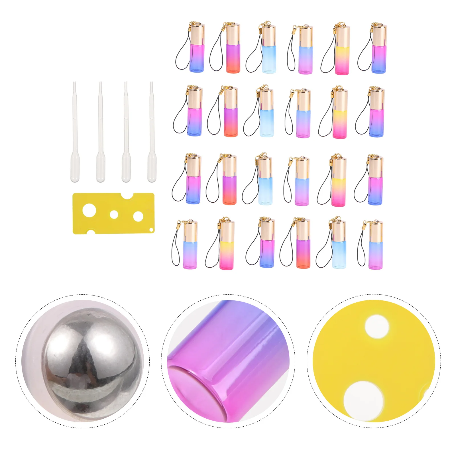 

24pcs Gradient Color Roller Bottles Glass Perfume Bottle Essential Oil Roll-On Bottles With 4 Droppers And A Bottle Opener