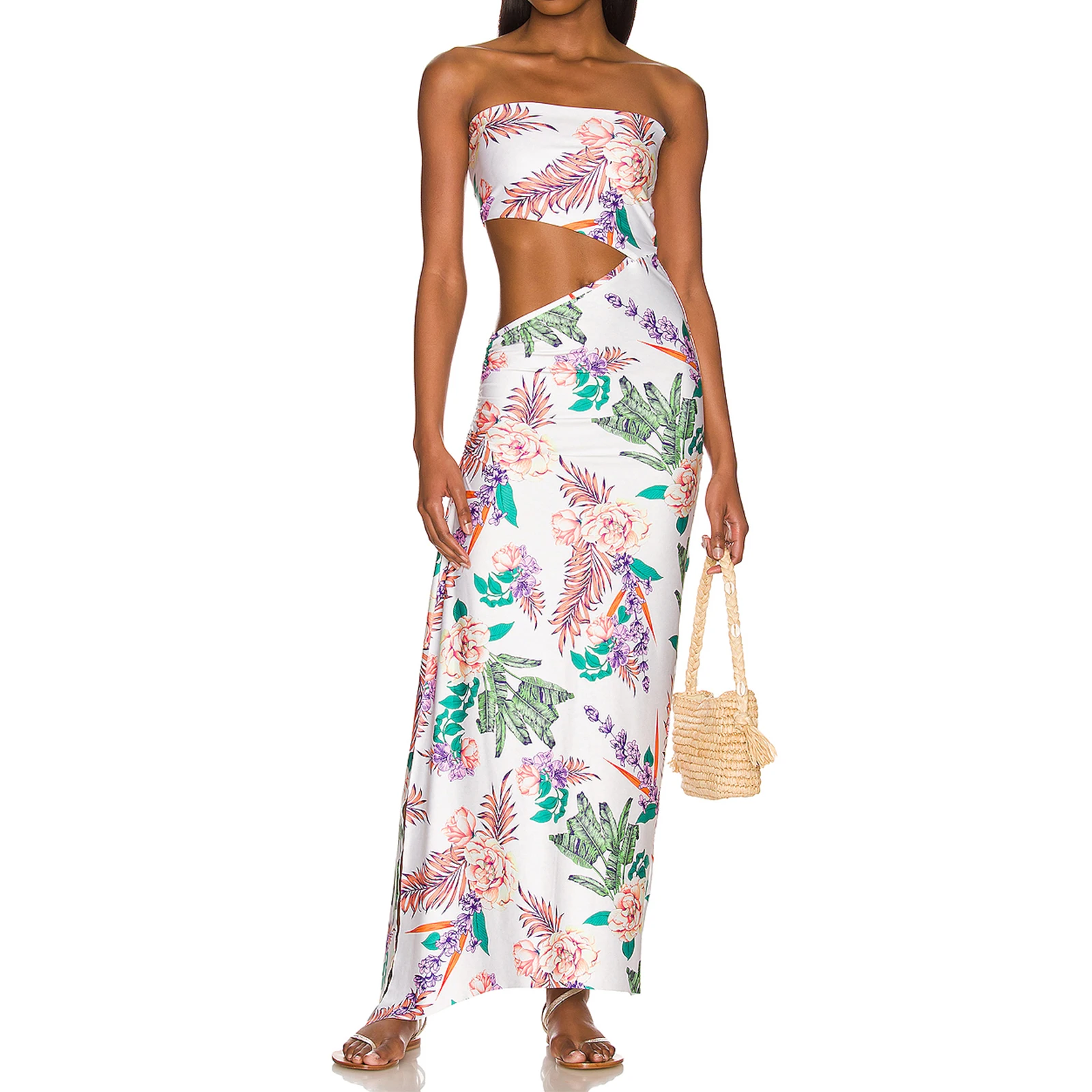 

Women Summer Strapless Split Slim Dress Gradient/Solid Color/Floral Printing Waist Hollow Ruched Sleeveless Backless Long Dress