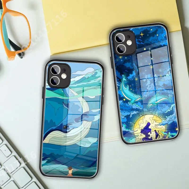 

Ocean Sea Whale Dolphin Phone Case Tempered Glass For iPhone 13 11 Pro XR XS MAX 8 7 Plus 12 Pro Mini phone Full Coverage covers