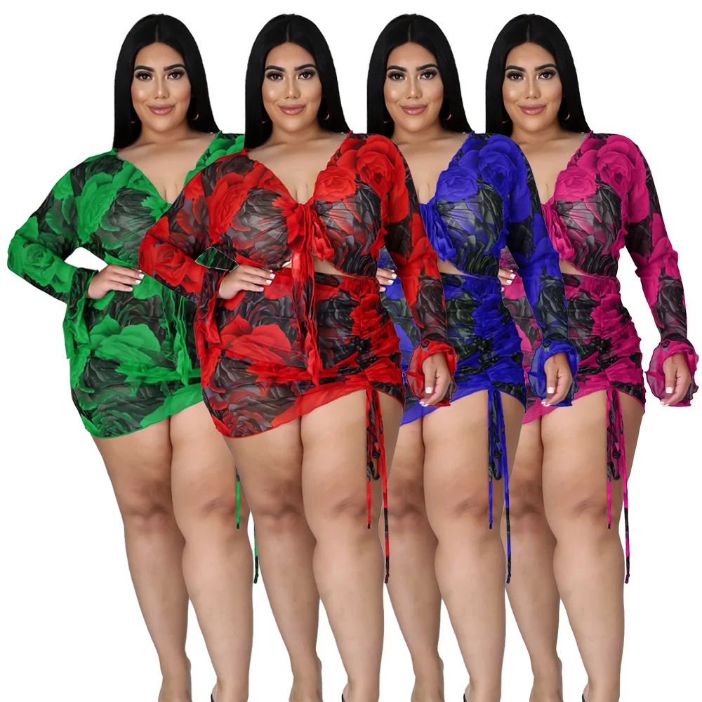Plus Size Fashion Street Sexy Women Clothing Printed Drawstring Nightclub Wear Skirt Two Piece Set Whole 3xl 4xl 5xl 6xl
