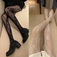 women lolita black white hollow out floral lace fishnet stockings pantyhose kawaii gothic sexy tights stockings free shipping