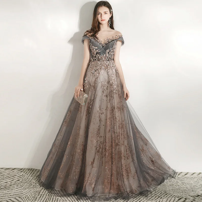 Luxury Prom Dress Off Shoulder A-Line Beading Exquisite Sequins Illusion Scoop Neck Gray Spray Gold Tulle Ceremony Evening Gowns