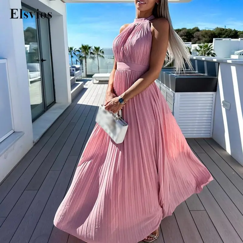

Женское свободное Плиссированное Платье, элегантное розовое платье с открытыми плечами и лямкой на шее, привлекательное длинное пляжное платье с вырезами и высокой талией