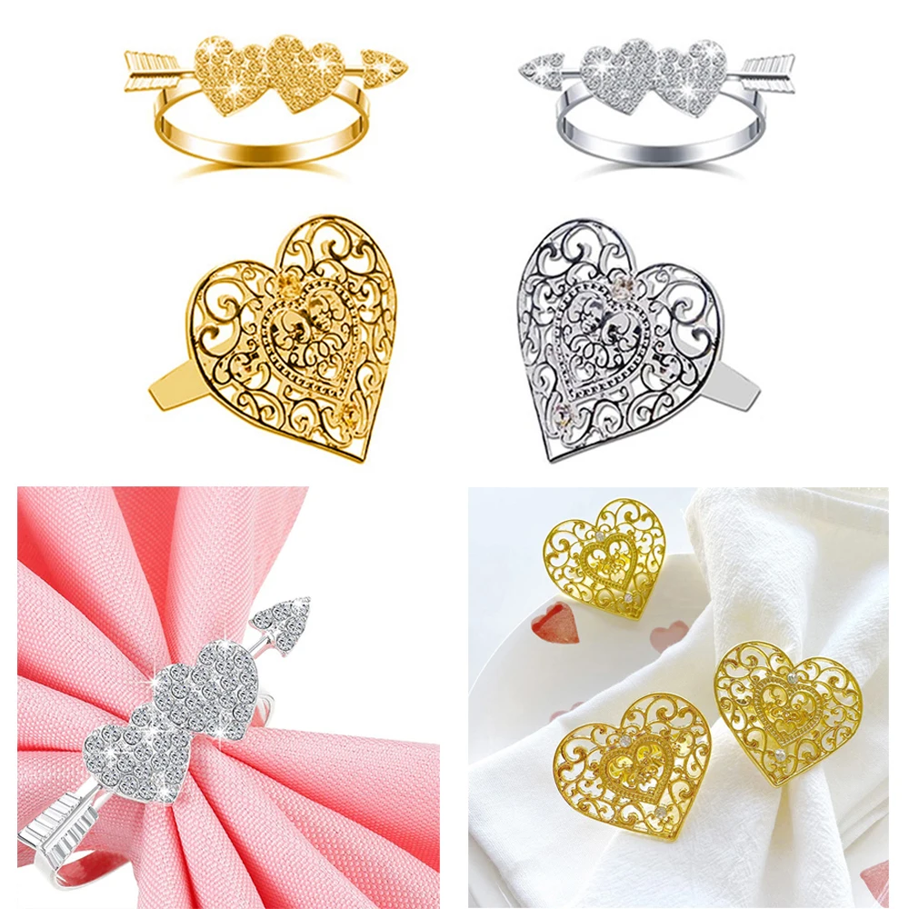 

Metal Heart-shaped Napkin Rings Hollow Love Rhinestone Napkin Buckle Wedding Table Decoration Valentine's Day Napkins Holder