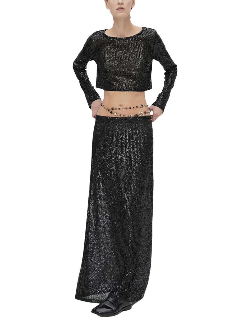 

Women s Sequin Embellished Crop Top with Long Sleeves and Round Neckline - Shimmering Glitter Party Blouse that Exposes Midriff