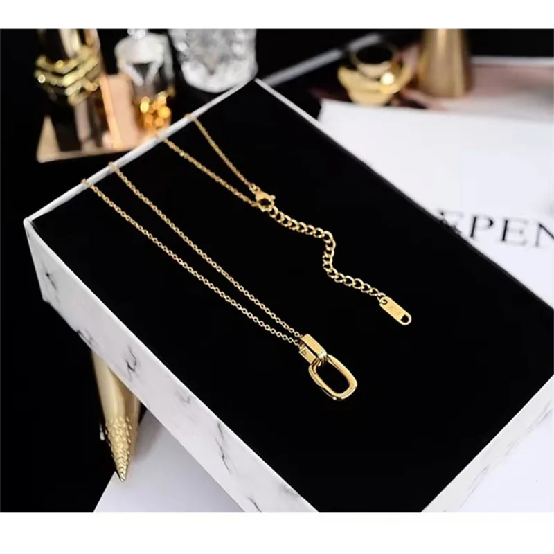 

Women Necklaces, Interlocked Square Frame Pendant with Roman Numerals Stones Pendant, Elegant Stainless Steel Collar