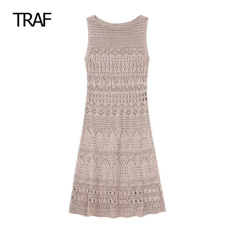 

Летние женские платья TRAF 2023, сетчатые вязаные платья, коричневое повседневное мини-платье, элегантные вечерние женские платья, роскошные