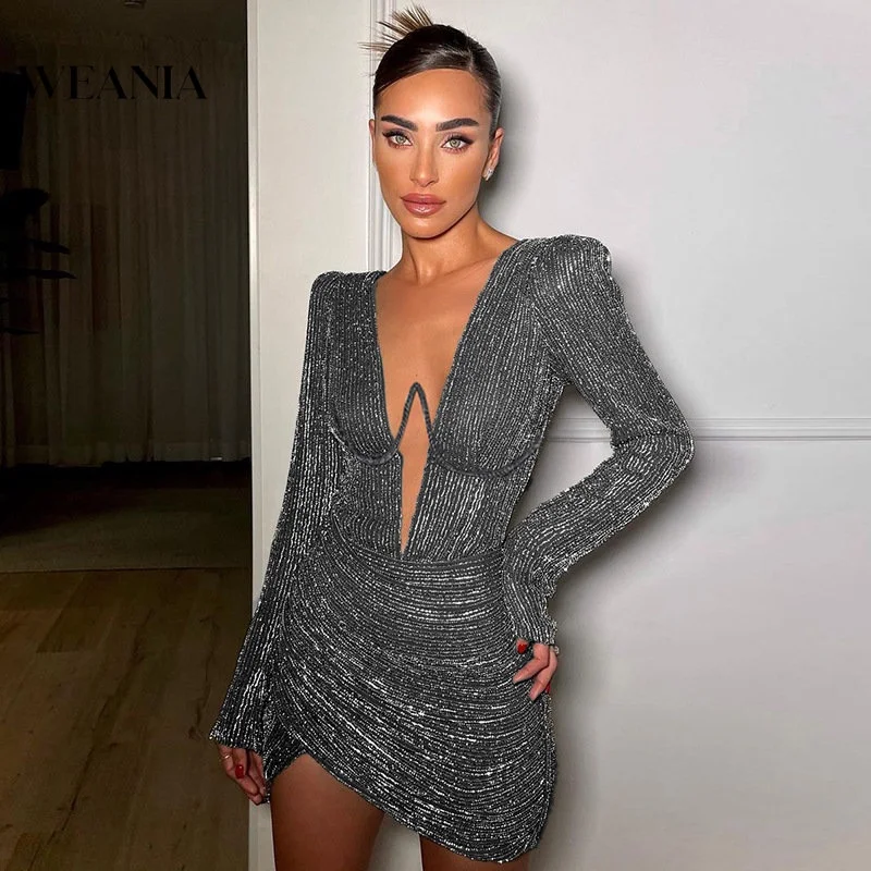 

Sexy Women's Deep V Neck Long Sleeve Glitter Pleated Dress with Shoulder Pad