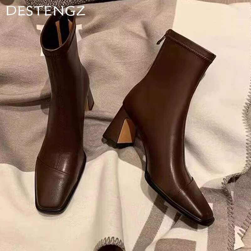 Женские ботильоны с квадратным носком массивная кожаная обувь туфли-лодочки