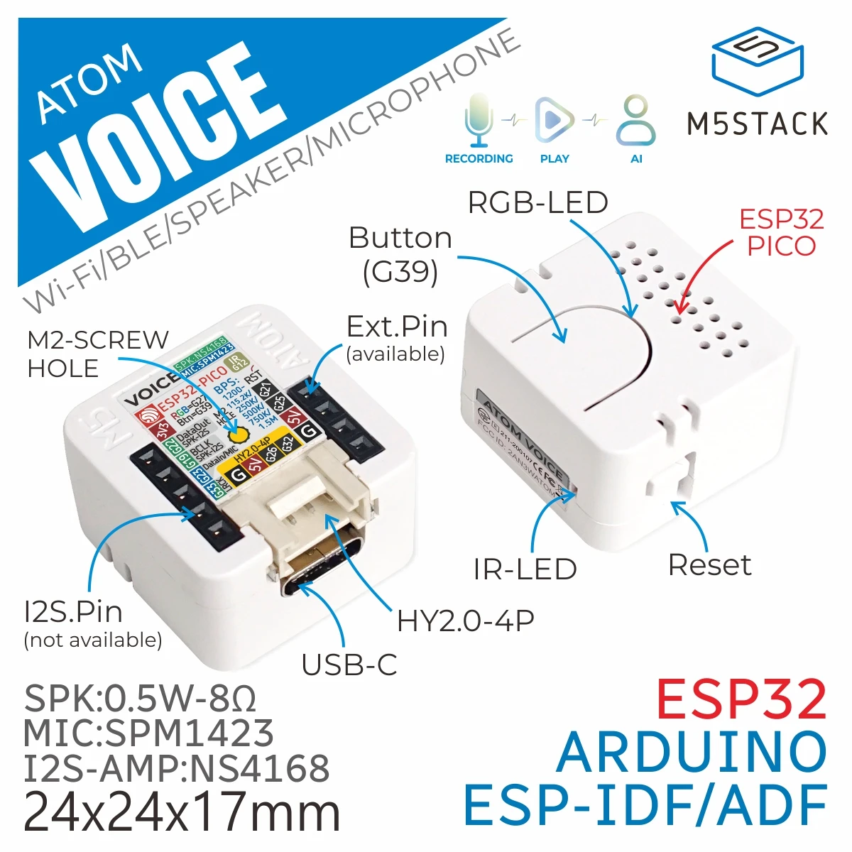 

Официальный комплект M5Stack ATOM Voice или Base ASR ESP32: программируемая плата для умной колонки с голосовым управлением для Home Assistant