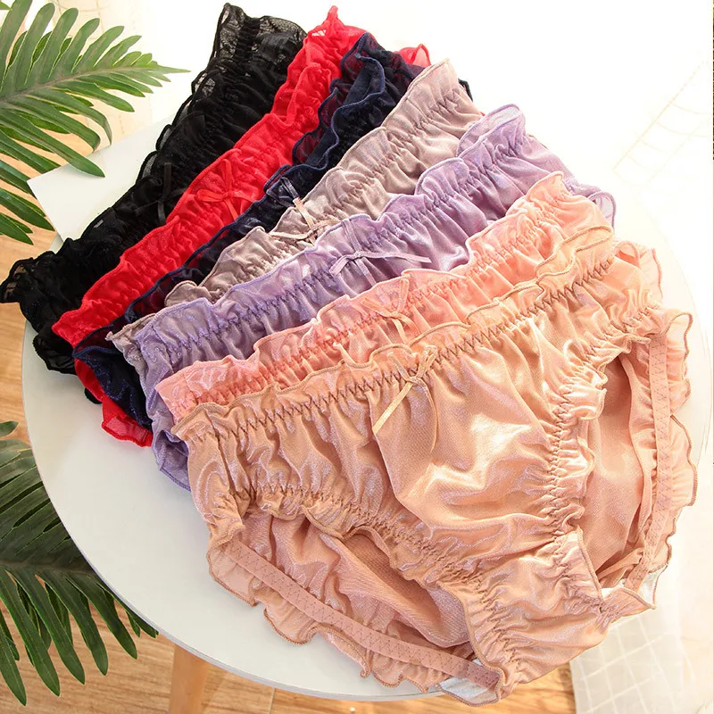 

Модные женские трусики со средней талией, с оборками, молочного шелка, сексуальное женское эластичное шелковое нижнее белье