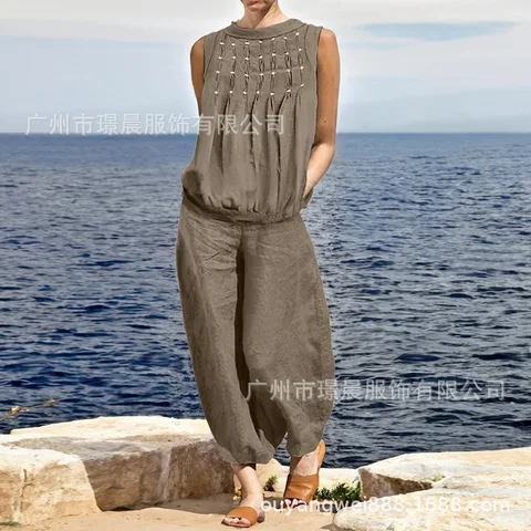 2024 Модный женский свободный топ и брюки, костюм с принтом, футболка с круглым вырезом и брюки, комплект свободного кроя