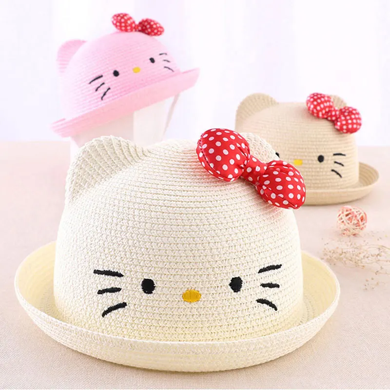 

Kawaii Sanrios Anime Cartoon HelloKittys Baby Hat Summer Children's Straw Hat kt cat cute Hats sun hat travel hat childs gifts