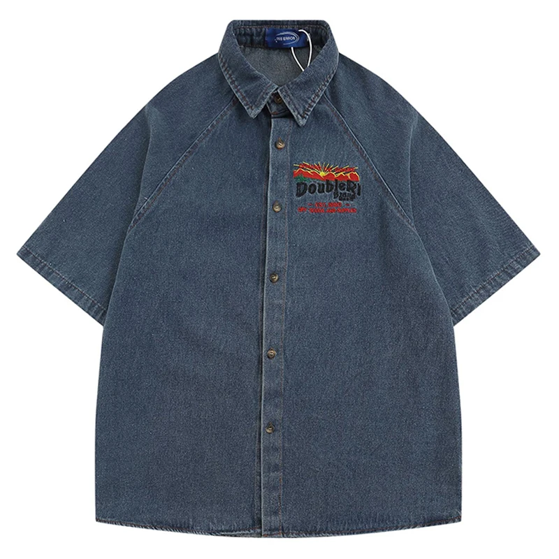 

Джинсовая рубашка мужская с мультяшной вышивкой, летняя повседневная Свободная рубашка с отложным воротником и коротким рукавом, потертая парная кофта в стиле ретро