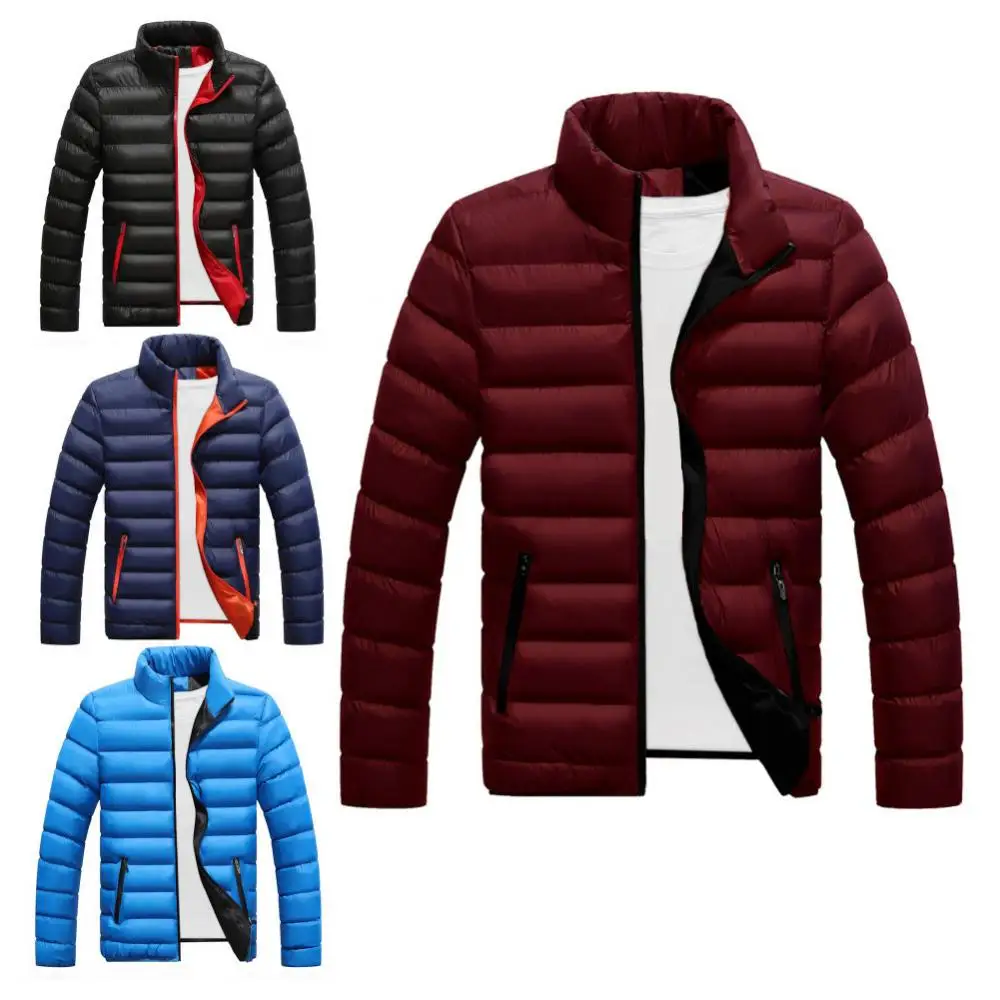 

Men Coat Winter Warm Thicken Padded Down Jacket Stand Collar Zipper Outwear Coat Polyester Men Clothing Navy Blue M куртка 2021