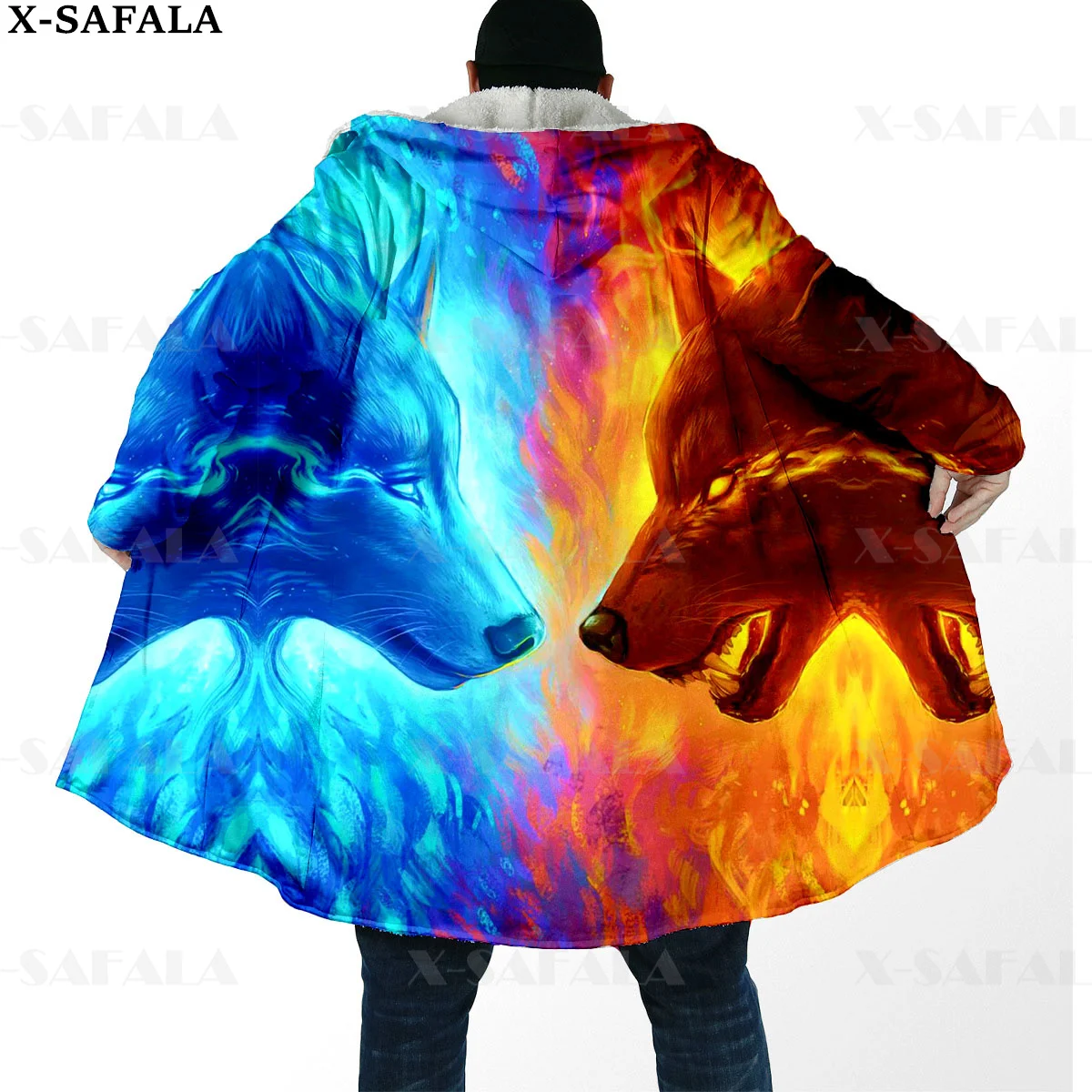

Galaxy Wolf/Ice And Fire Wolf Printed Thick Warm Hooded Cloak Men Overcoat Coat Windproof Fleece Cape Robe Hooded Blanket-9