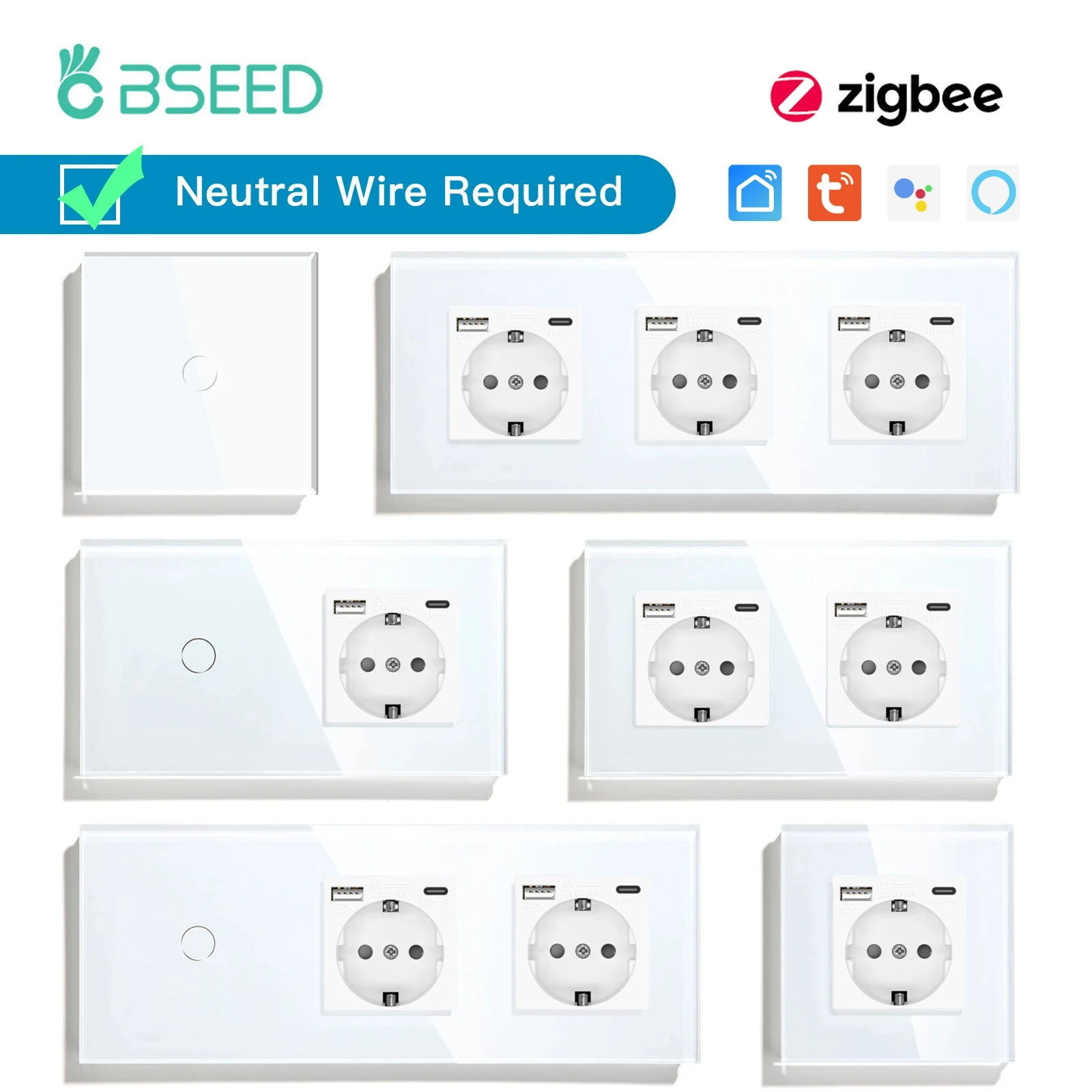 Умный настенный выключатель BSEED Zigbee, розетка европейского стандарта с сенсорным управлением, 1/2/3 клавиши, с приложением Smart Life и управлением через приложение
