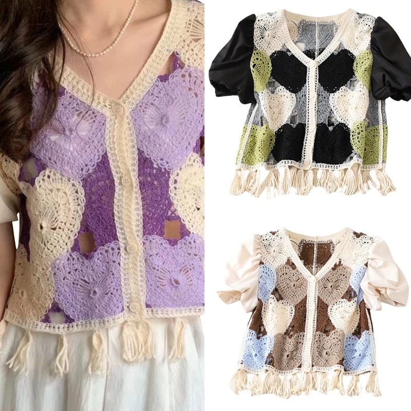 

Crochets Openwork Shirt Tassel Short-sleeved Knit Cardigan Women Summer Puff Sleeves Vintage Age-reducing Slim-Shirt