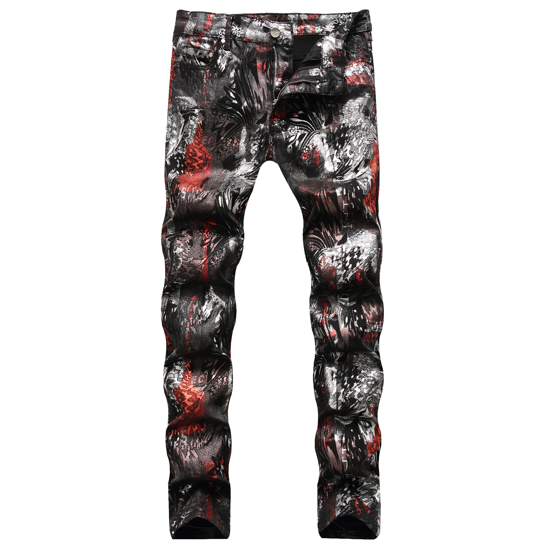 Streetwear Men Fashion PU Jeans Personality Leopard Print Painted Graffiti Slim Long Pants Trend Male Full Length Trousers