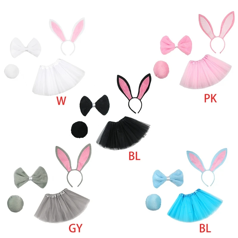 

4Pcs Kids Rabbit Cosplay Costume Set Layered Tulle Skirt Bunny Ears Headband Bow Tie Tail Easter Party Outfits A2UB