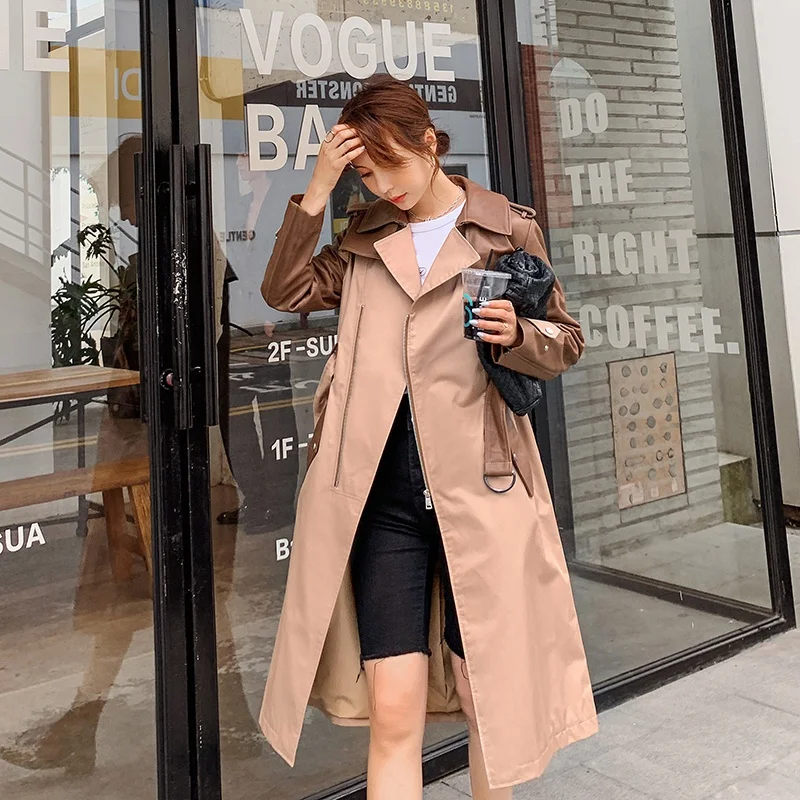 

Верхняя одежда, ветровка в стиле пэчворк с поясом, новая длинная искусственная кожа, тонкая дамская куртка, весна-осень