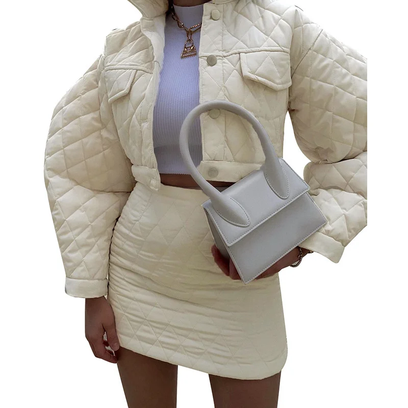 Breasted Lapel Long Sleeve Cotton Jacket Top Women's Diamond Lattice Casual Solid Color Skirt