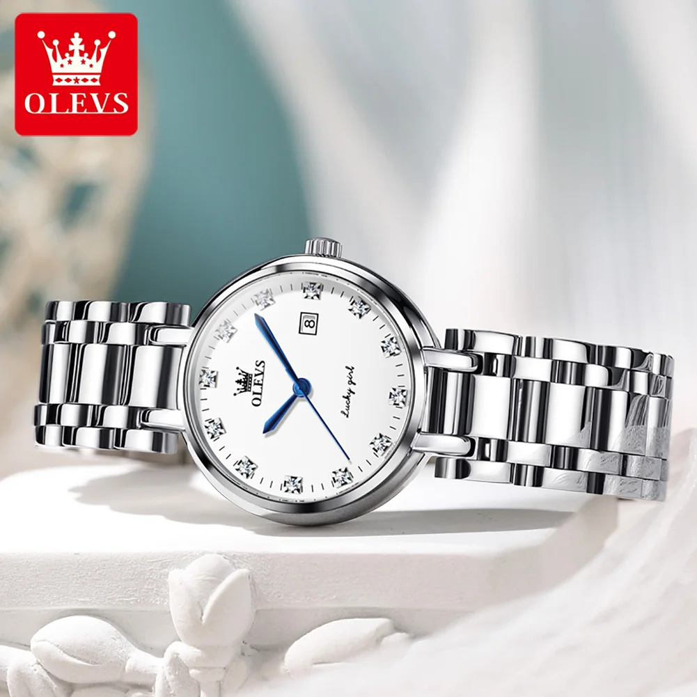 OLEVS Quartz Watch for Women Solid Stainless Steel Strap Design Diamond Elegant Ladies Wristwatch Bracelet Necklace Gift Box Set
